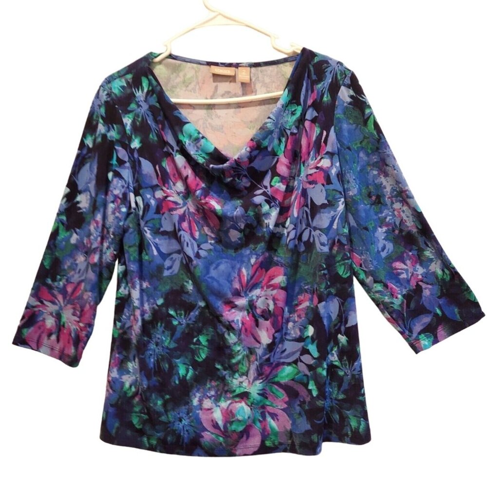 Chicos Blouse Womens Large Top floral vibrant colorful mock neck stretch career
